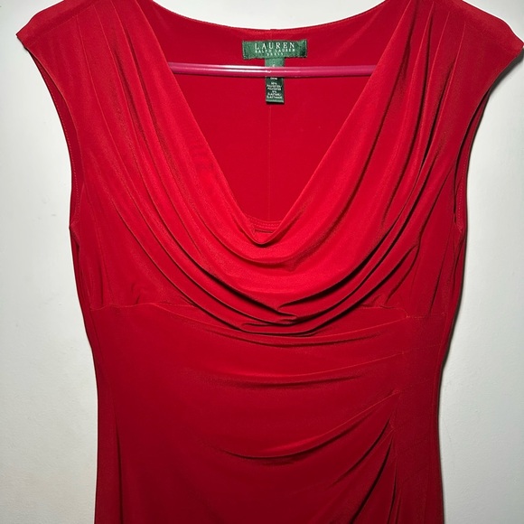 Ralph Lauren LRL Scarlet Red Cowl Neck Rusching Classy Knee Length Dress Size 6 - Picture 2 of 13